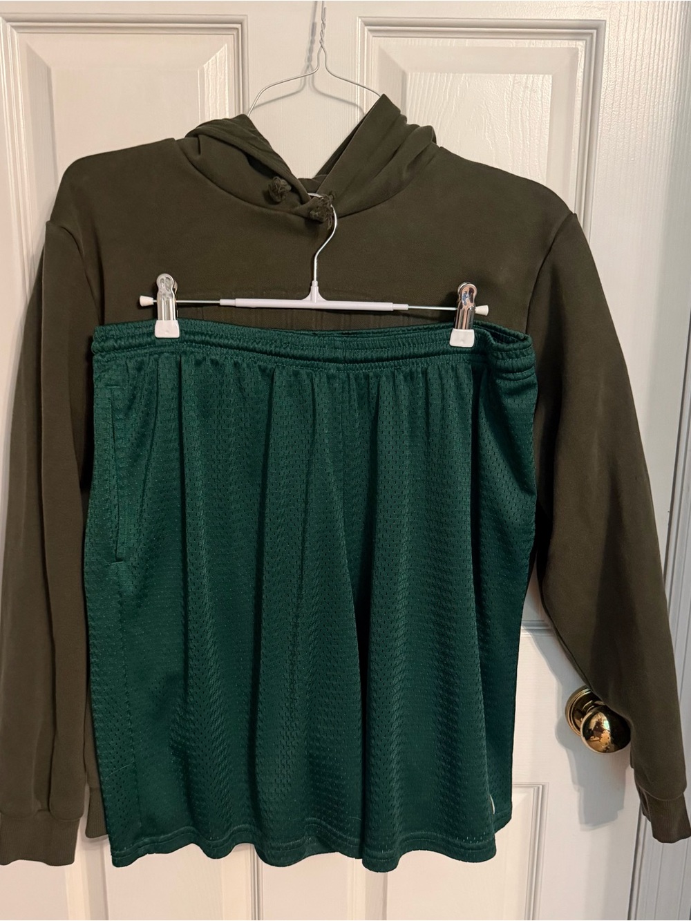 Set—Puma Olive Hoodie with Champion Dark Green Mesh Shorts, Men’s Large